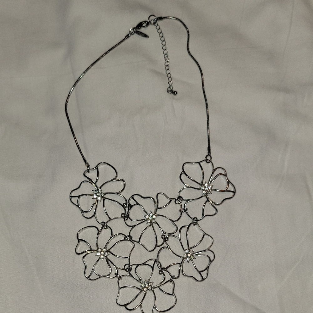 New York & Company Silver Floral Statement Necklace